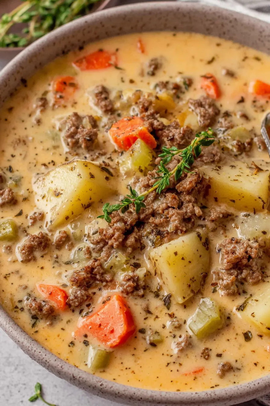 Cheeseburger soup simmering in pot with cheese