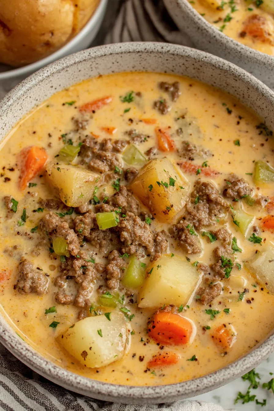 Bowl of cheeseburger soup with garnish