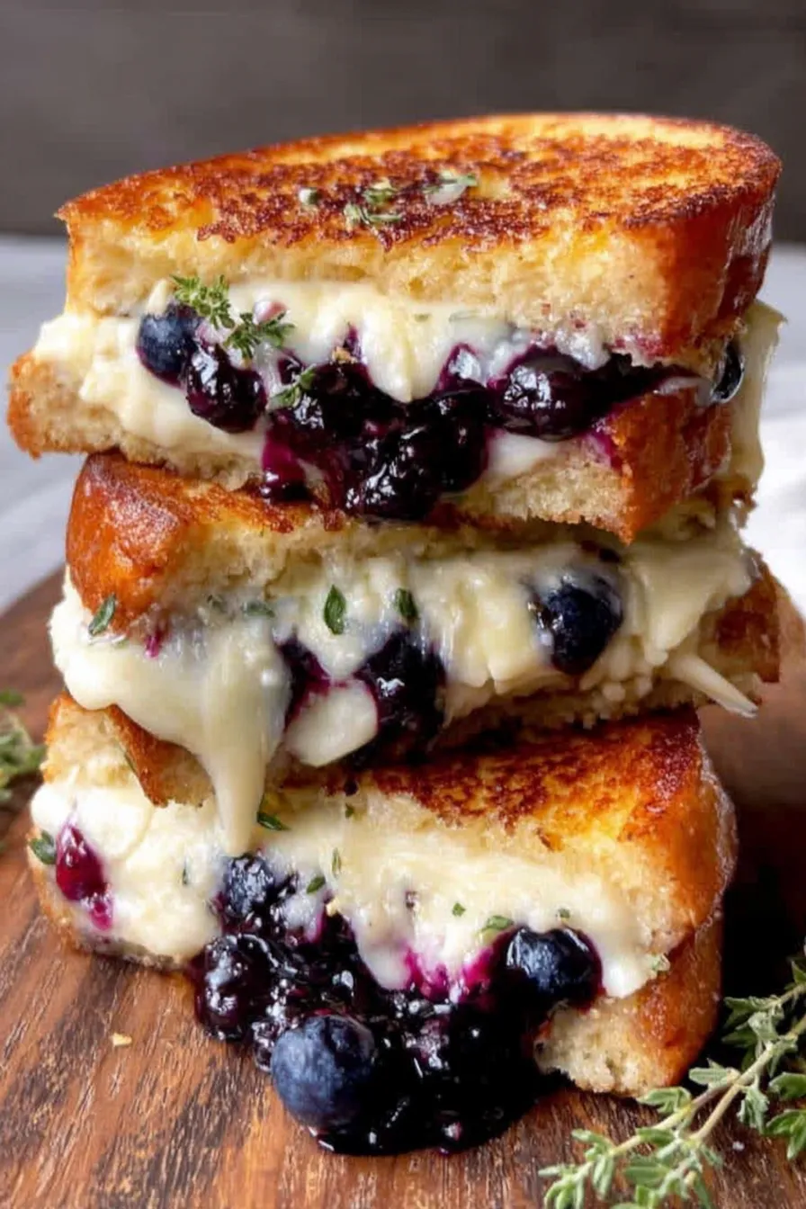 Grilled blueberry cheese sandwich in skillet
