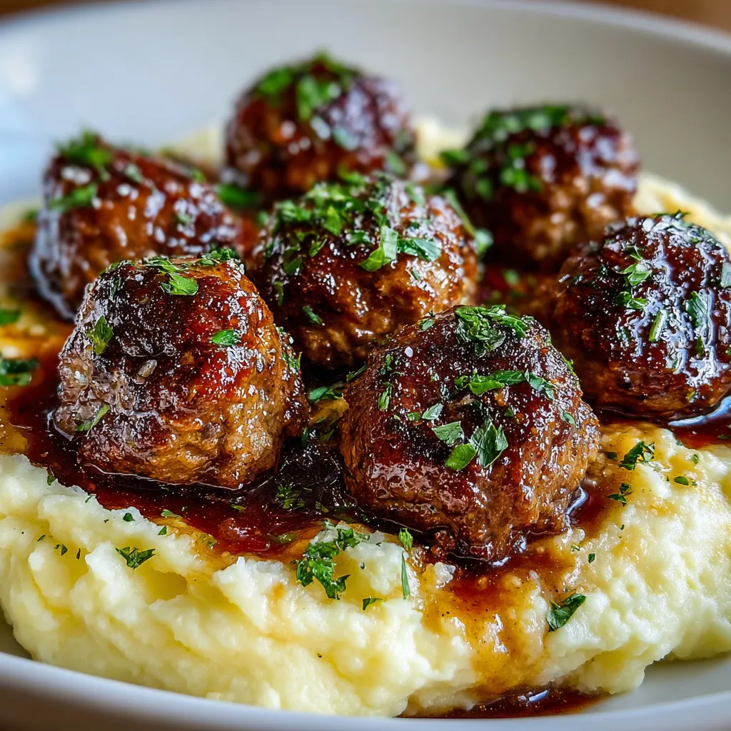 Salisbury Steak Meatballs With Garlic Herb Mashed Potatoes