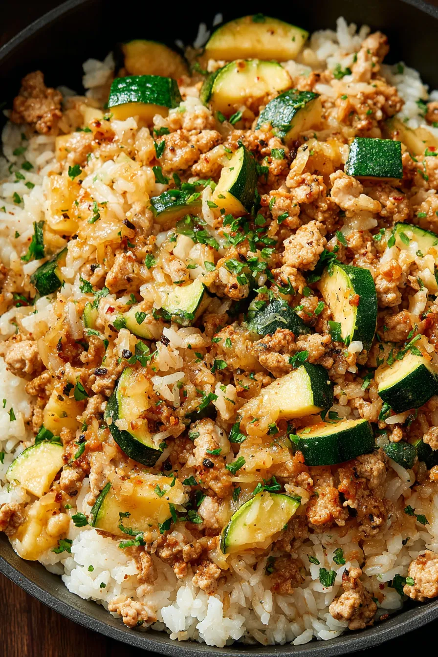 Plated ground chicken zucchini rice skillet with parsley