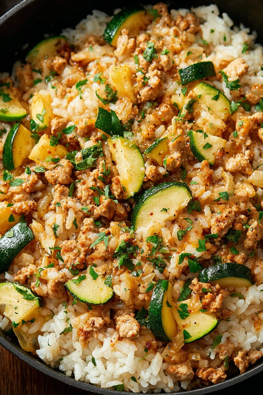 Ground chicken and zucchini skillet in a pan