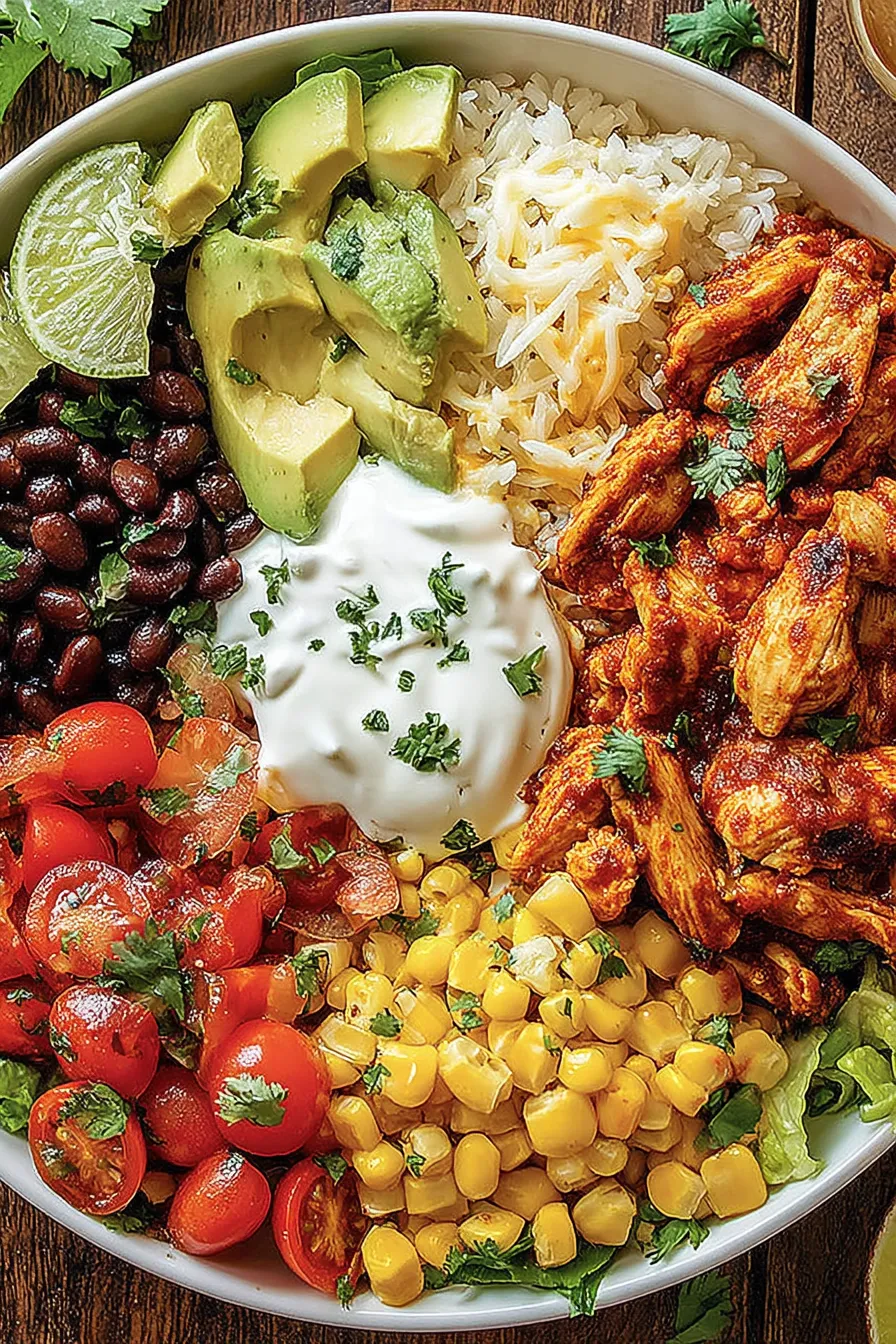 Sliced spiced chicken over brown rice with beans and corn