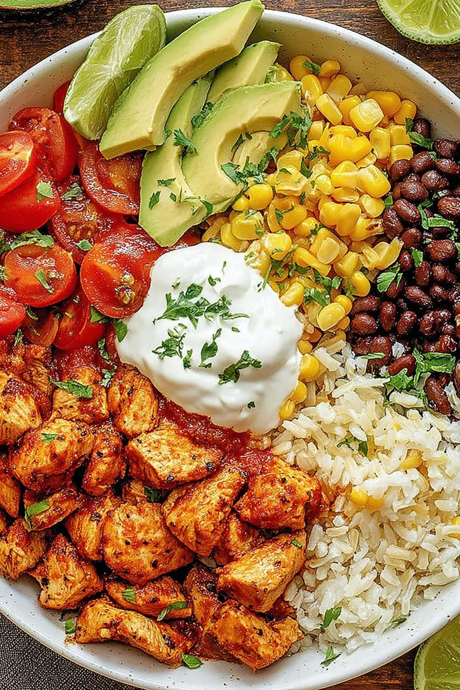 Close-up bowl with chicken, corn, tomatoes, avocado and rice