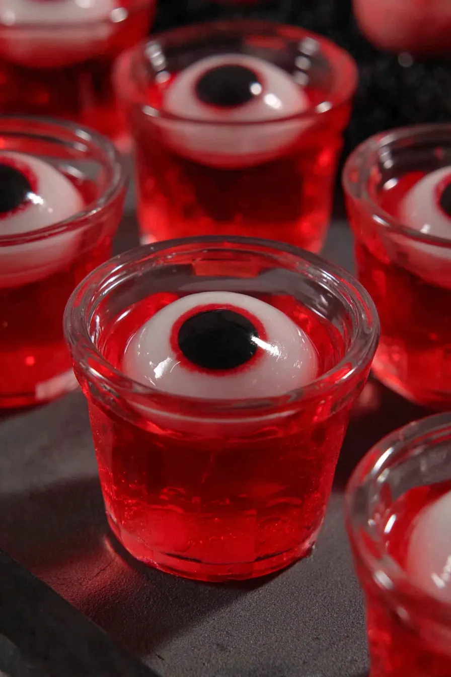 Eyeball jello shots on a spooky tray
