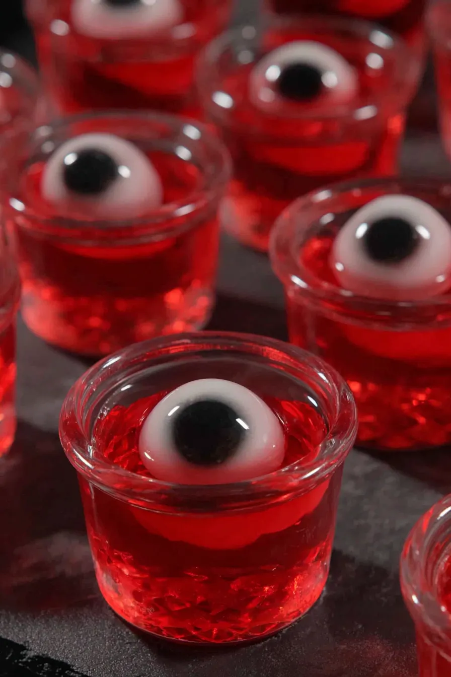 Close-up of a bloodshot candy eye on a jello shot