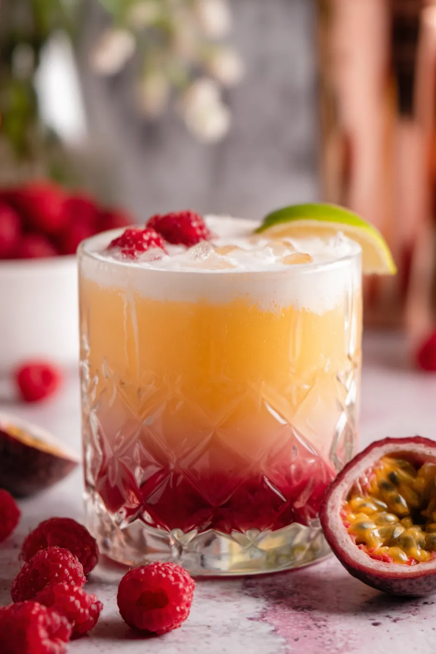Raspberry Passionfruit Tequila Sour in coupe glass