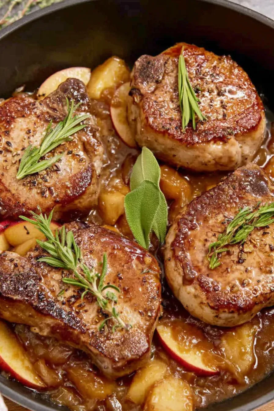 Pork chops in apple butter sauce in skillet