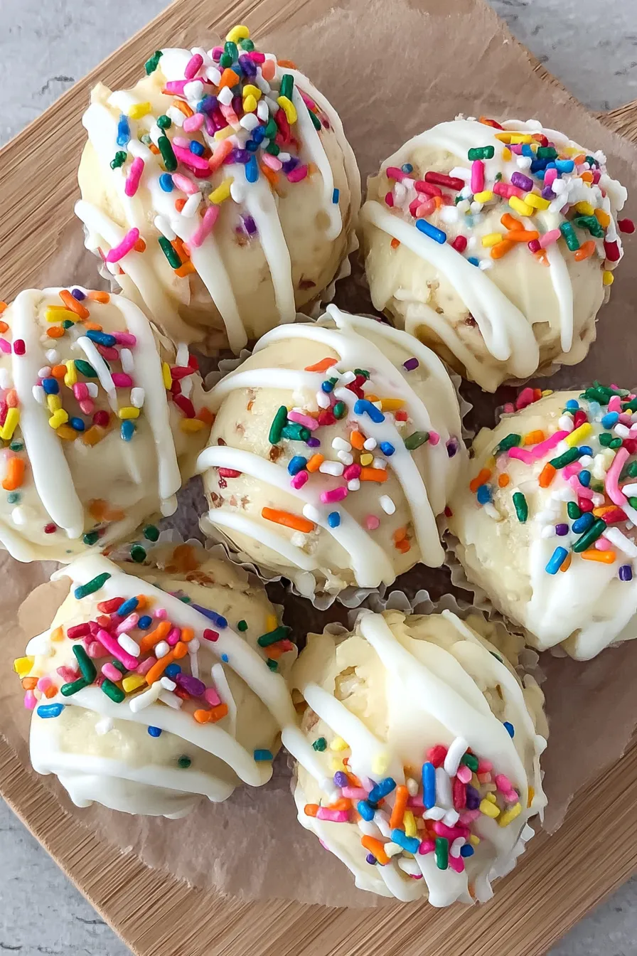 Protein cake balls on parchment with sprinkles