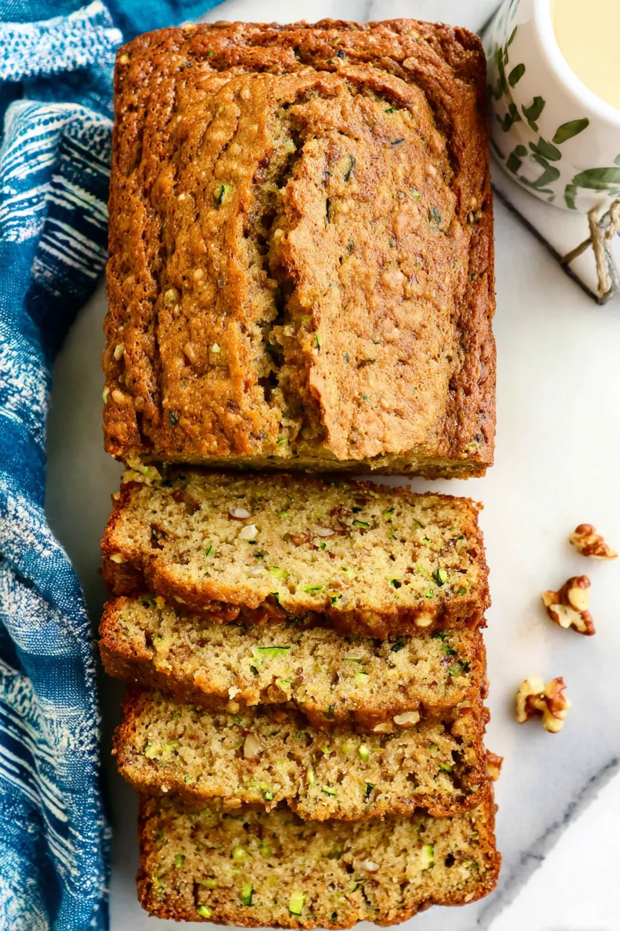 Slices of zucchini bread on a wooden board with toasted nuts