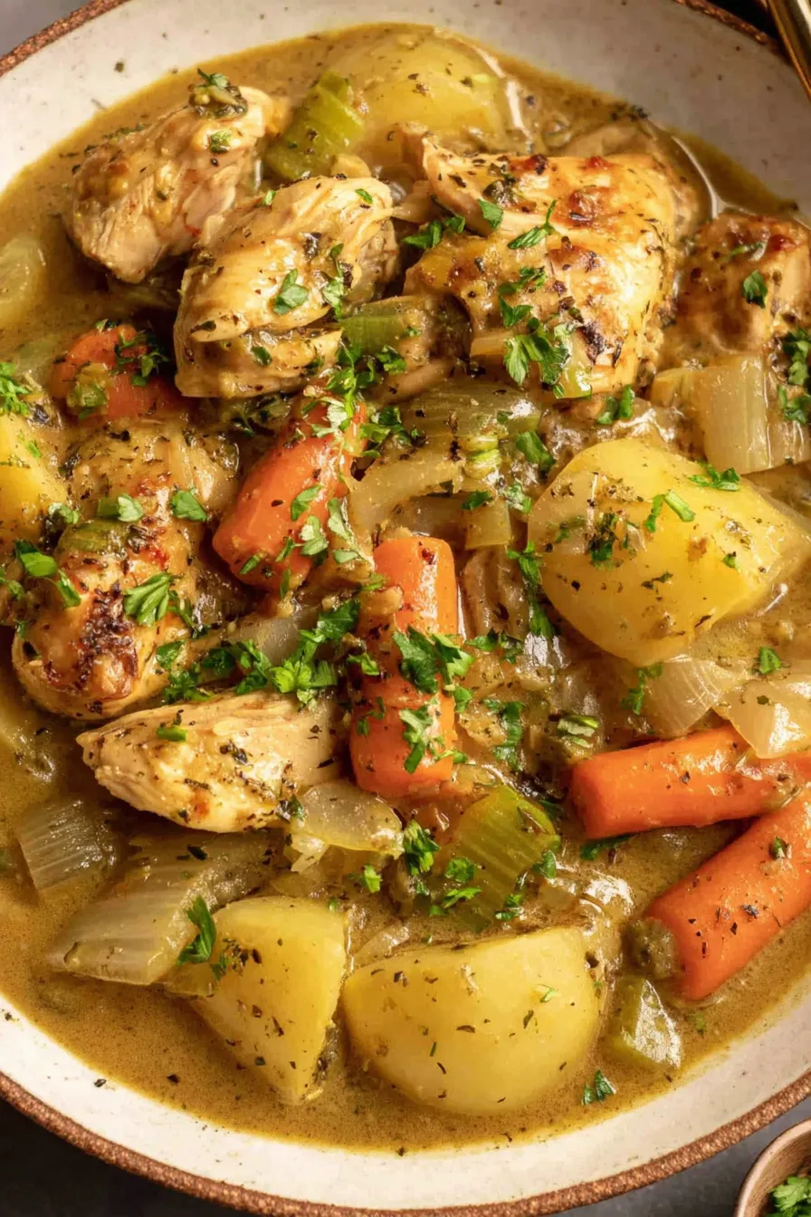 Slow cooker filled with chicken stew ingredients