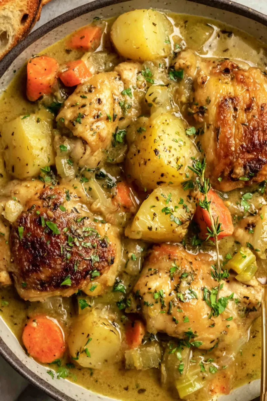 Bowl of slow cooker chicken stew garnished with parsley