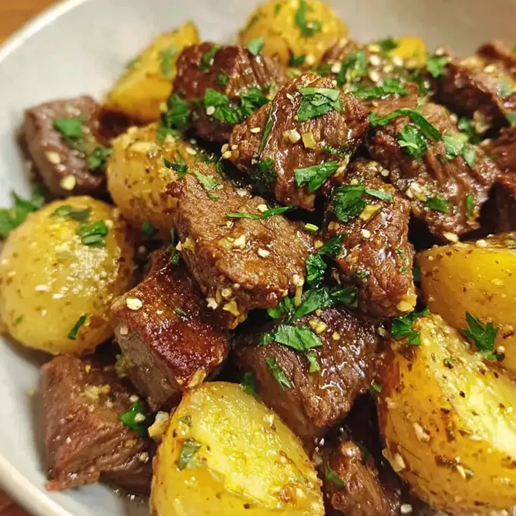 Slow Cooker Garlic Butter Beef Bites with Potatoes
