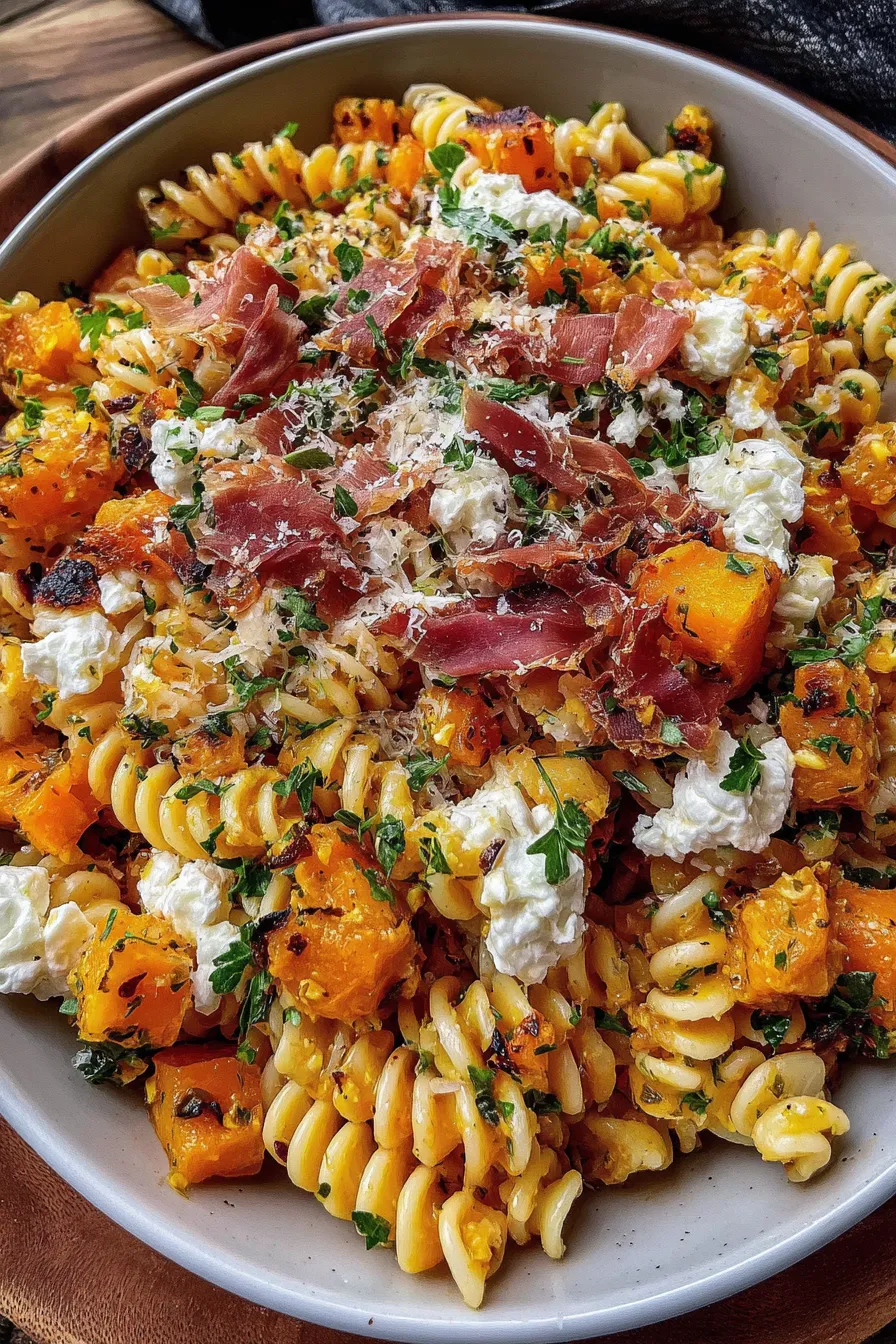 Roasted pumpkin cubes and cooked pasta in bowl