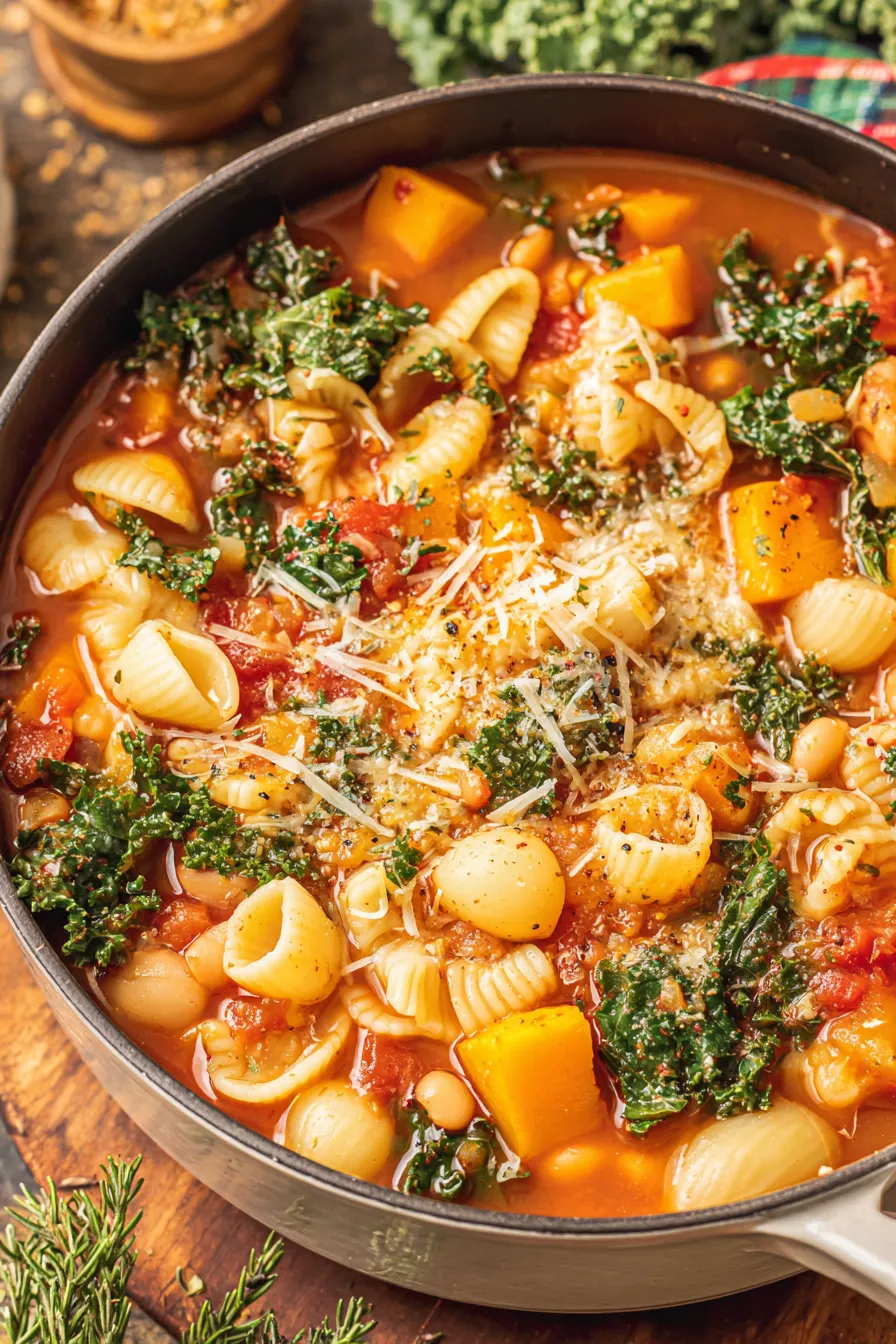 Bowl of winter minestrone soup with butternut and kale