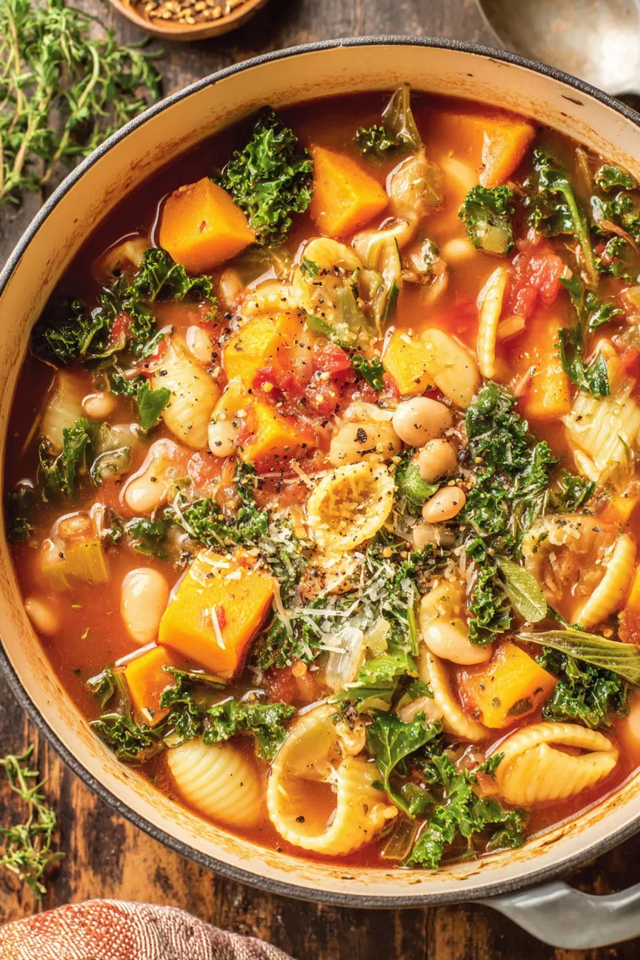 Close-up of spoonful showing beans, pasta and kale