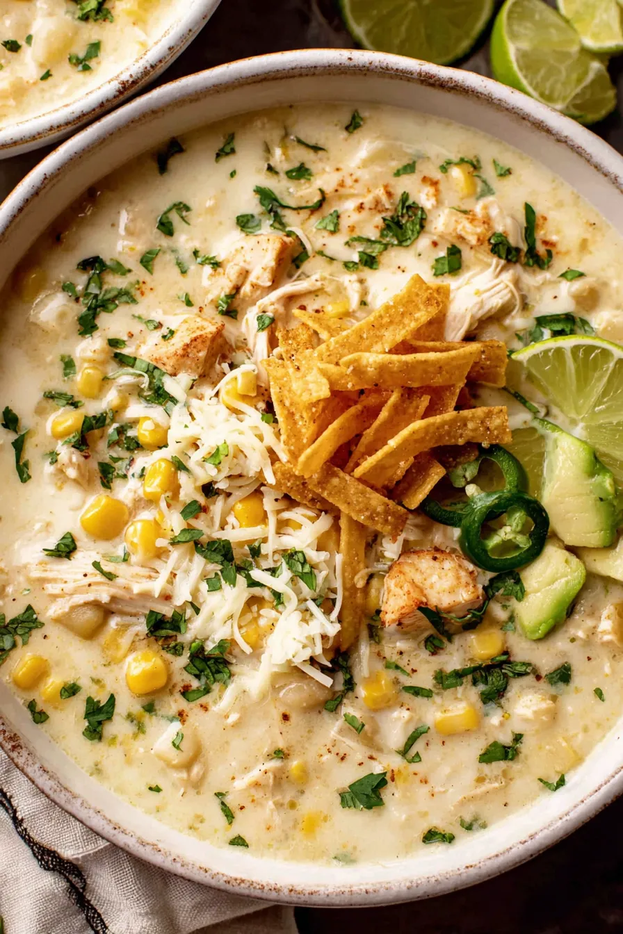 Creamy white chicken enchilada soup served in a bowl with tortilla strips