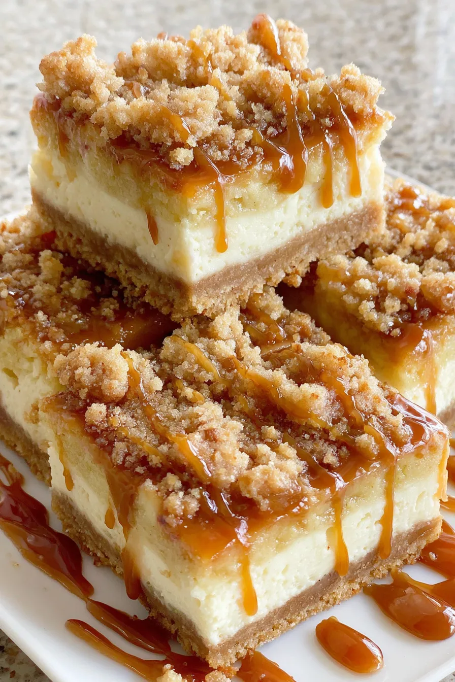 Finished caramel apple cheesecake bars with caramel drizzle