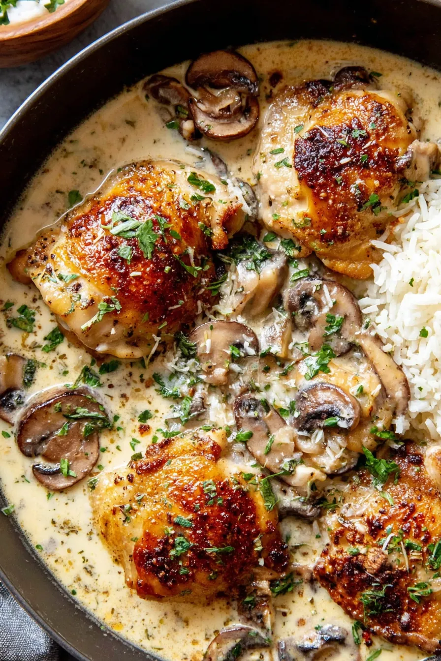 Smothered chicken in casserole dish before baking