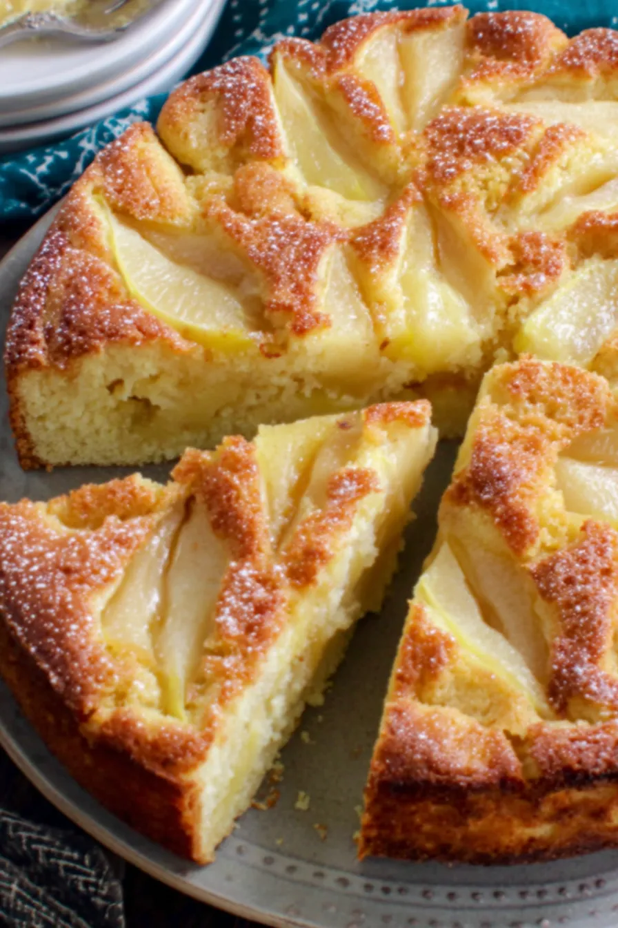 Sliced Italian pear cake served on a plate