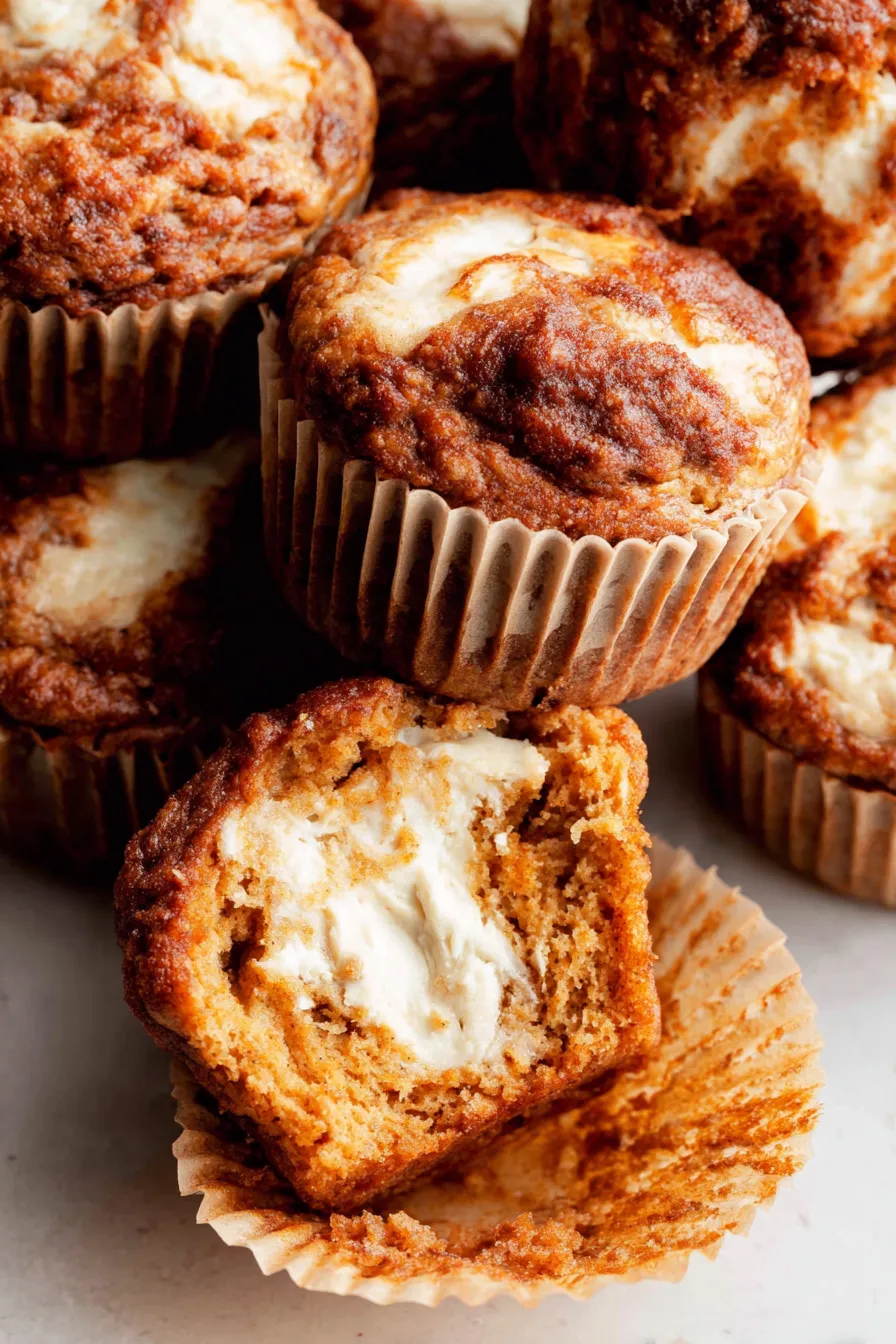 Freshly baked pumpkin cream cheese muffins on a cooling rack