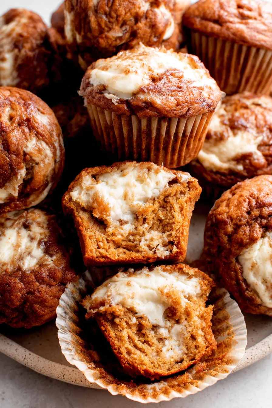 Close up of pumpkin muffin with cream cheese swirl