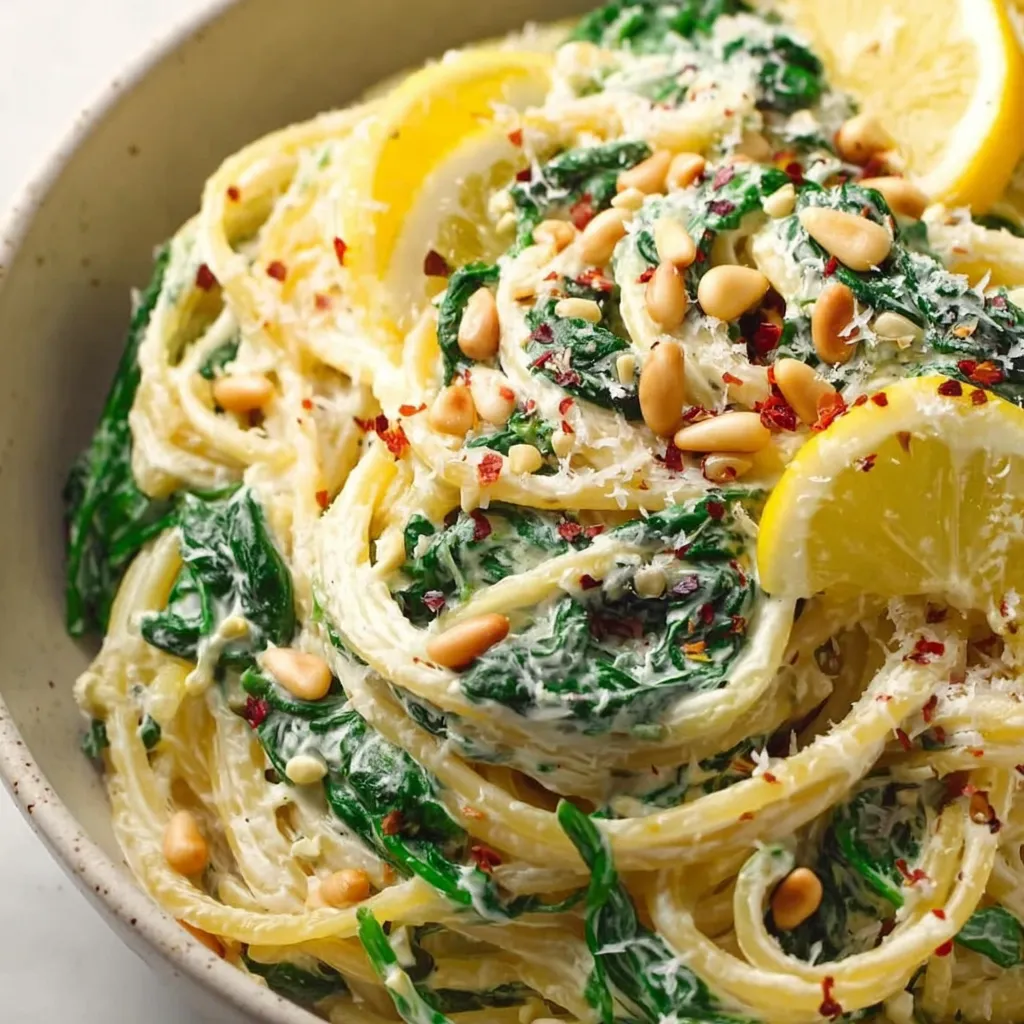 Creamy Lemon Ricotta Pasta with Spinach and Toasted Pine Nuts
