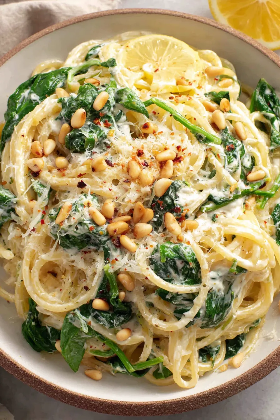 Creamy lemon ricotta pasta tossed with spinach and pine nuts