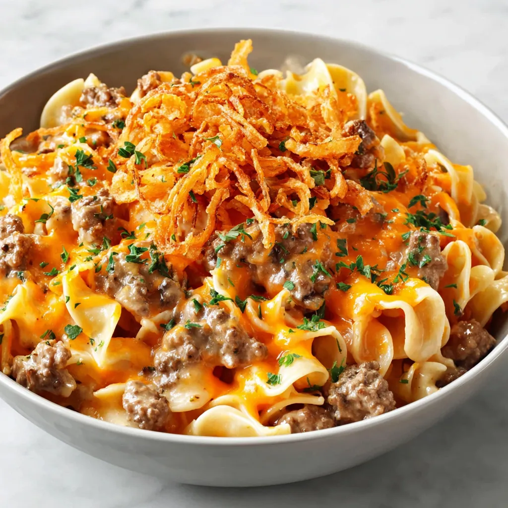 Cheesy Beef and Noodle Casserole with Crispy French Onions