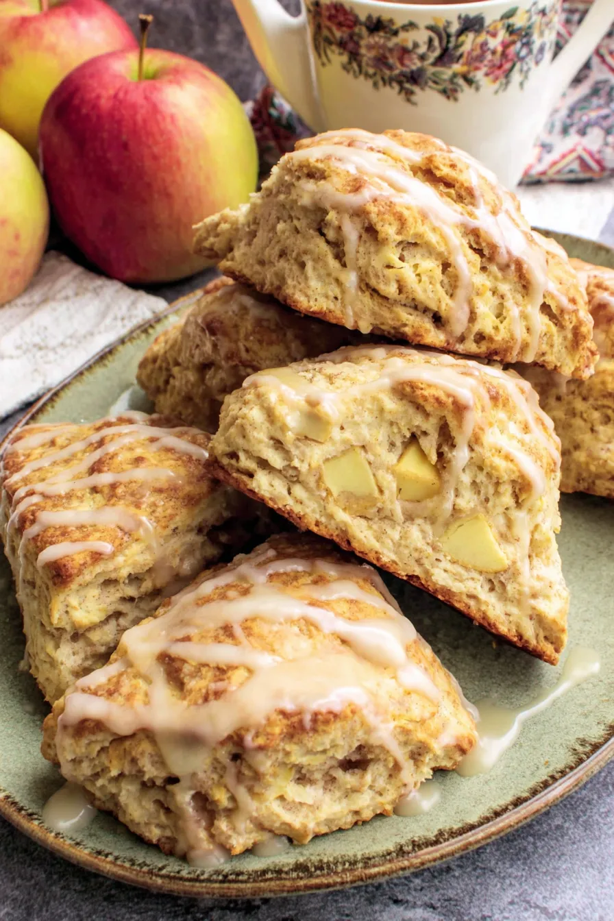 Close-up of scone with glaze and cinnamon dusting