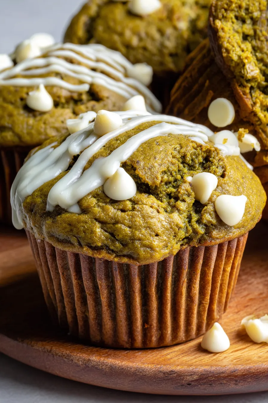 Close-up of matcha white chocolate pumpkin muffins on a cooling rack