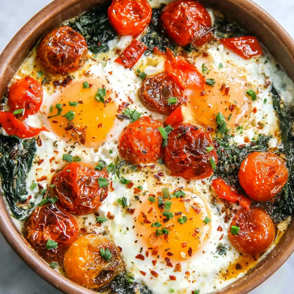 Baked Feta Eggs with Cherry Tomatoes and Spinach