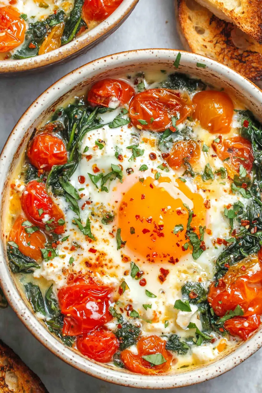 Oven dish with roasted tomatoes and feta before adding eggs