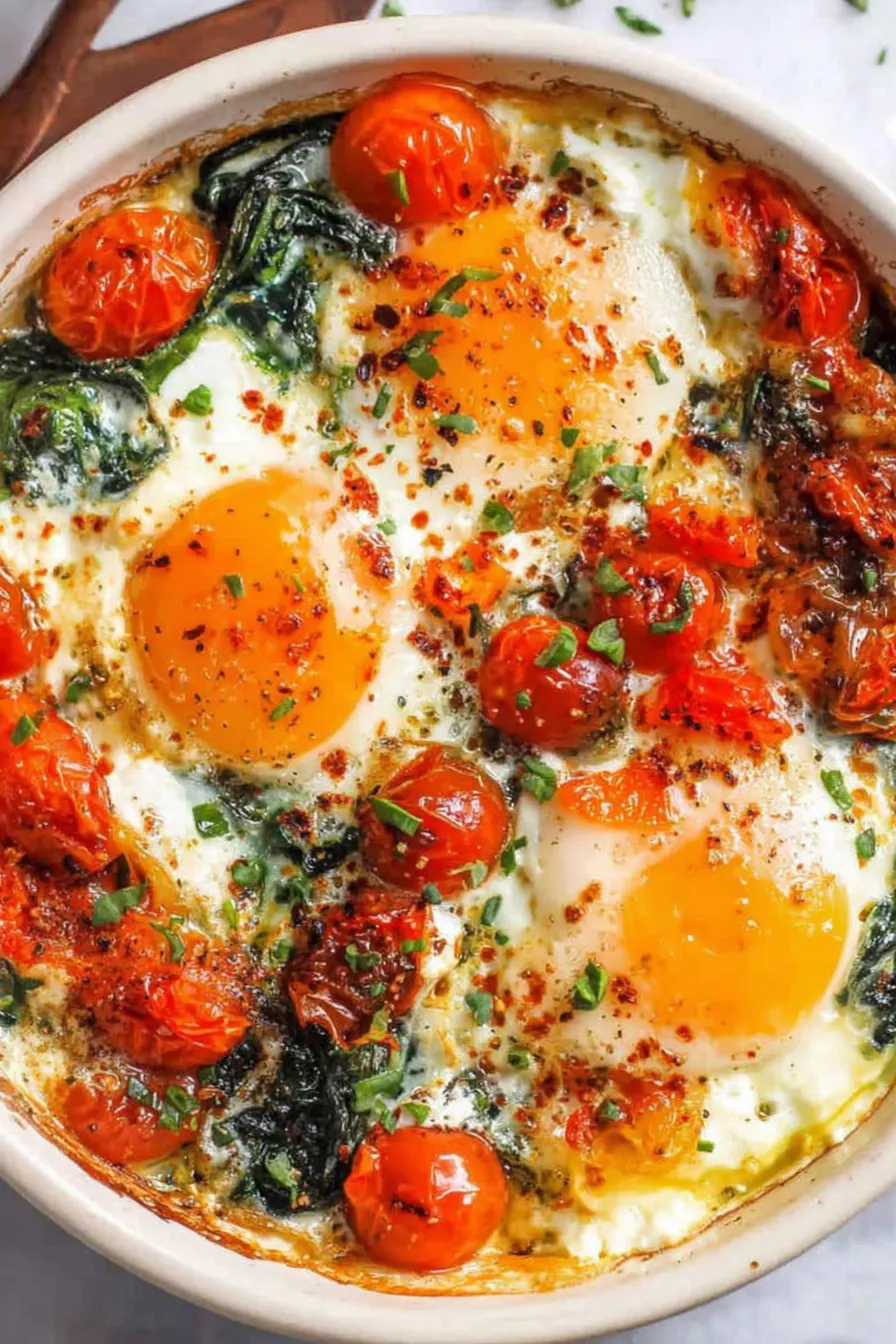 Finished individual ramekins of baked feta eggs with herbs