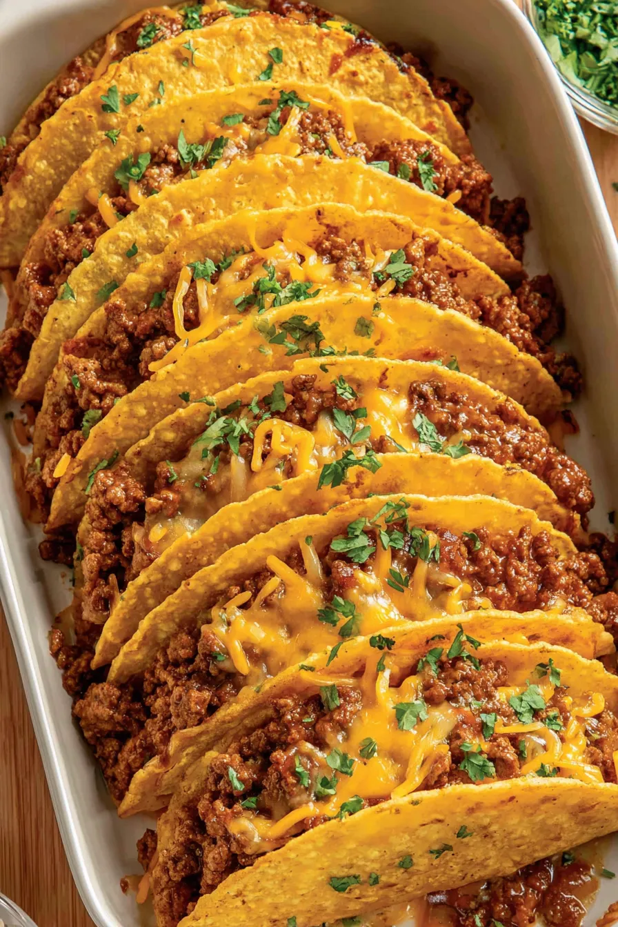 Filled baked tacos in baking dish