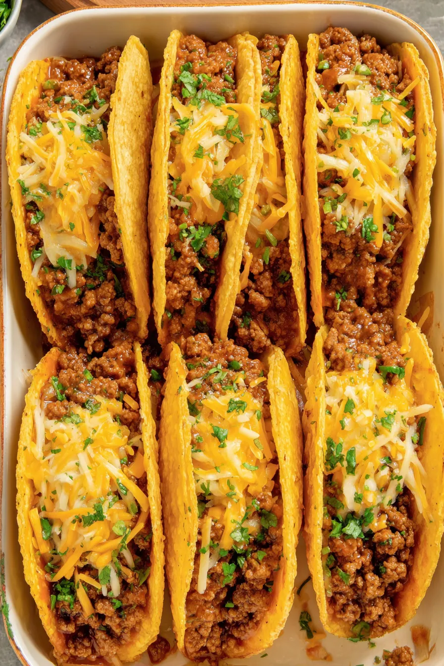 Close-up of melted cheese on baked tacos