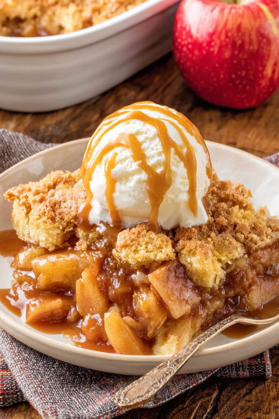 Caramel Apple Dump Cake in casserole dish