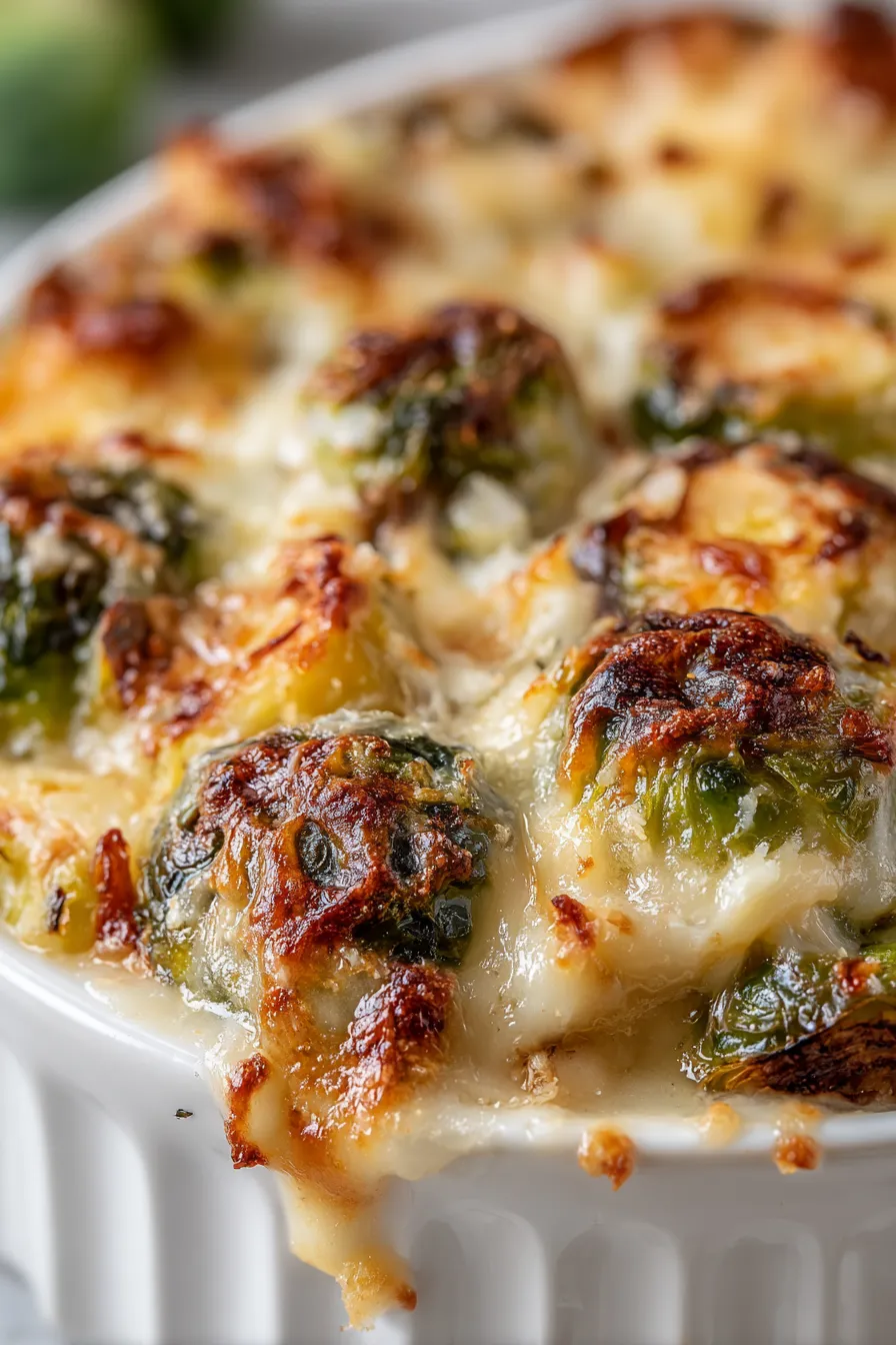 Brussels sprouts gratin bubbling in a baking dish