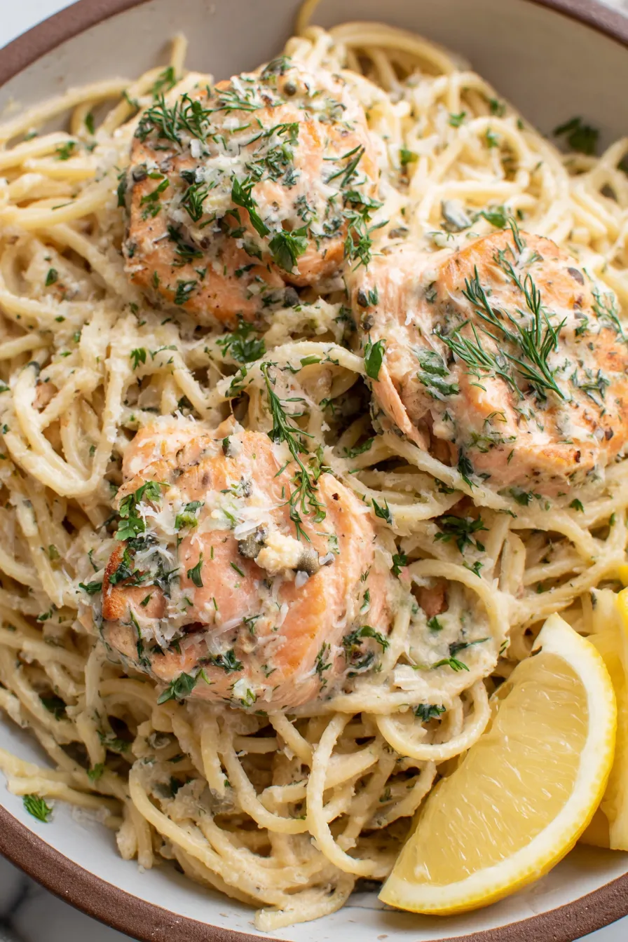 Pan-seared salmon resting beside shallots in pan
