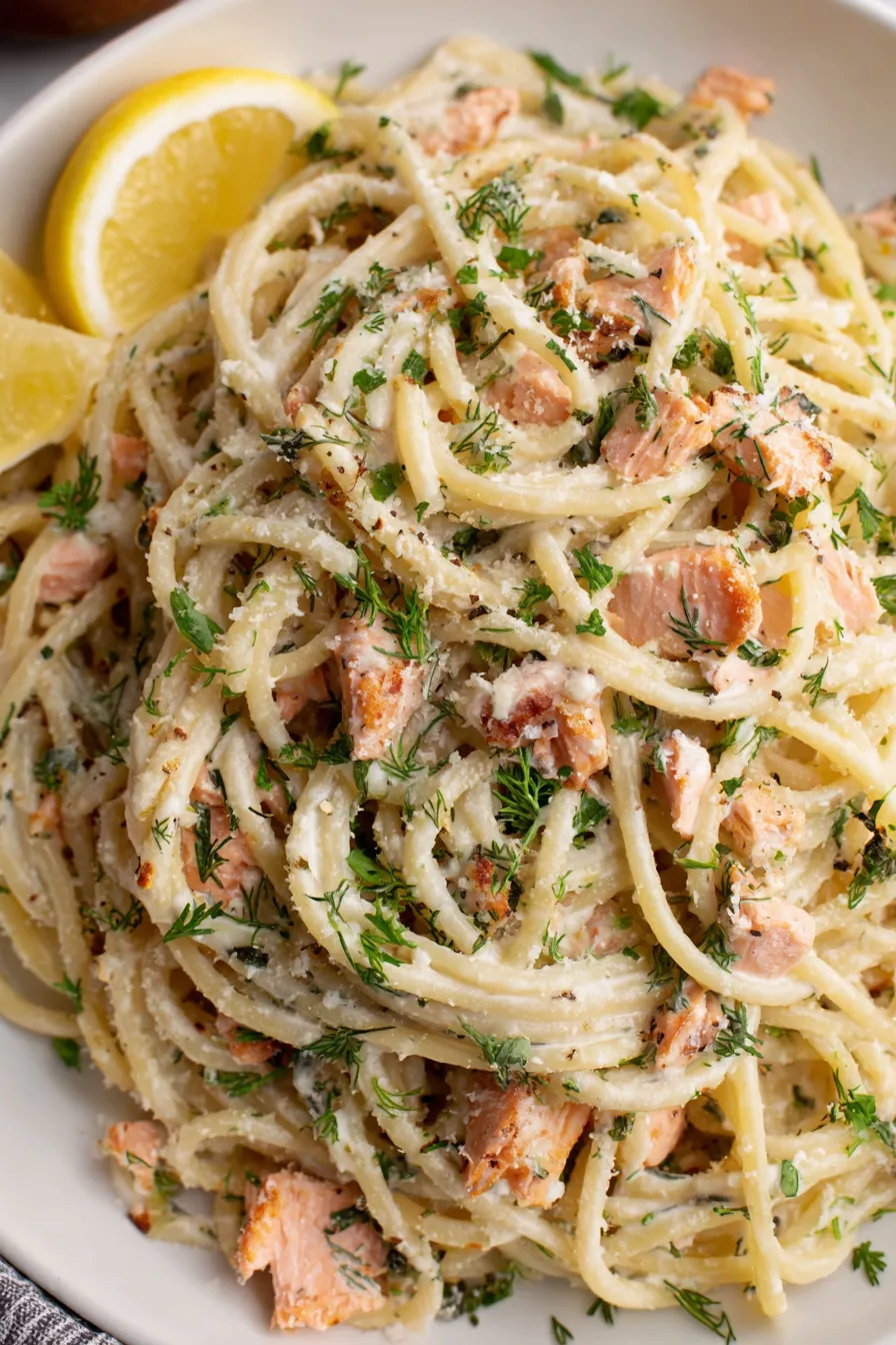 Creamy dill sauce coating spaghetti with flakes of salmon