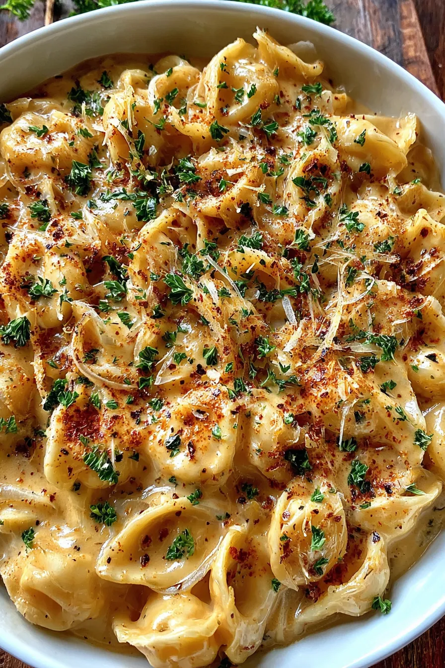 Finished creamy pasta with parsley garnish