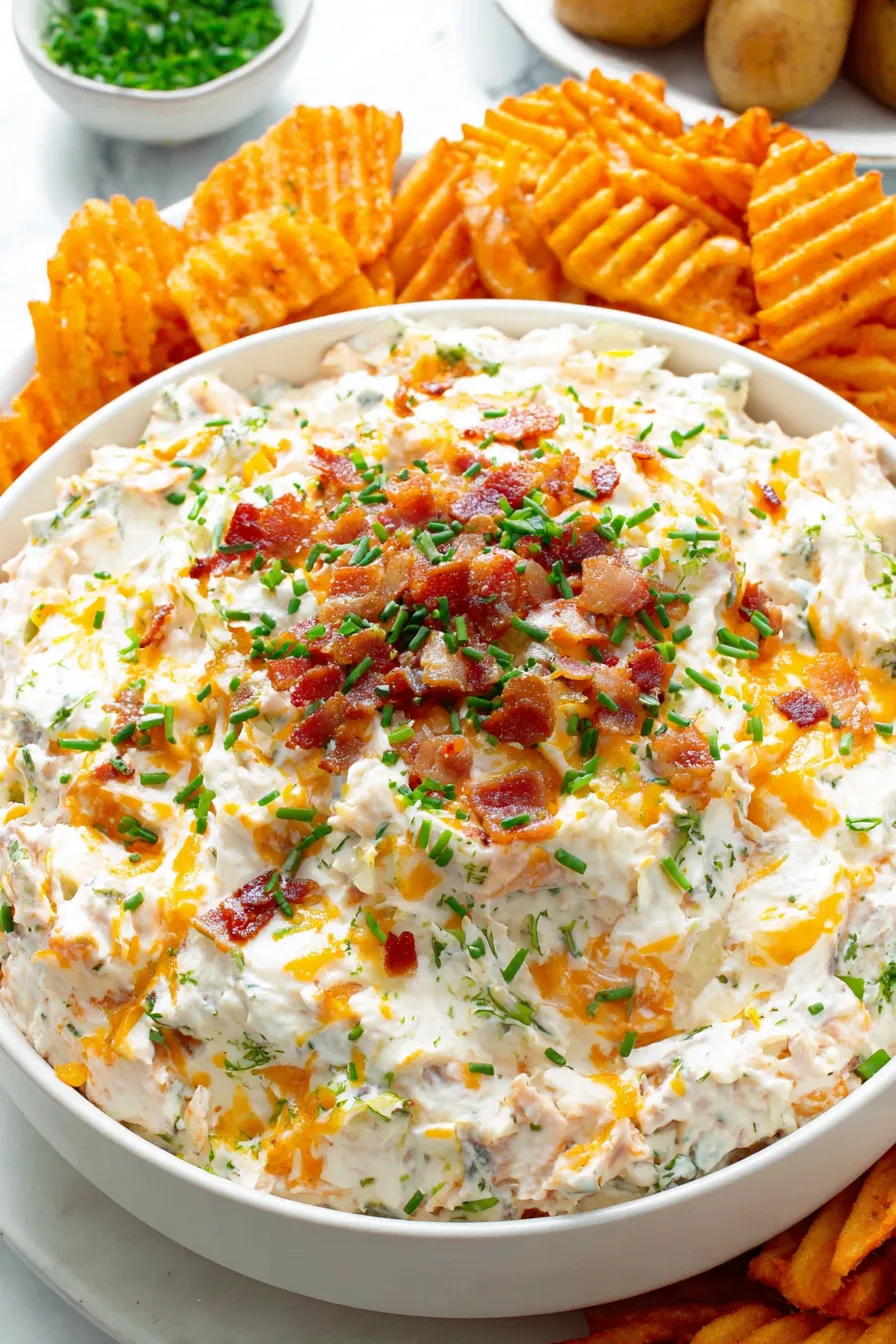 Waffle fries served with a bowl of potato dip