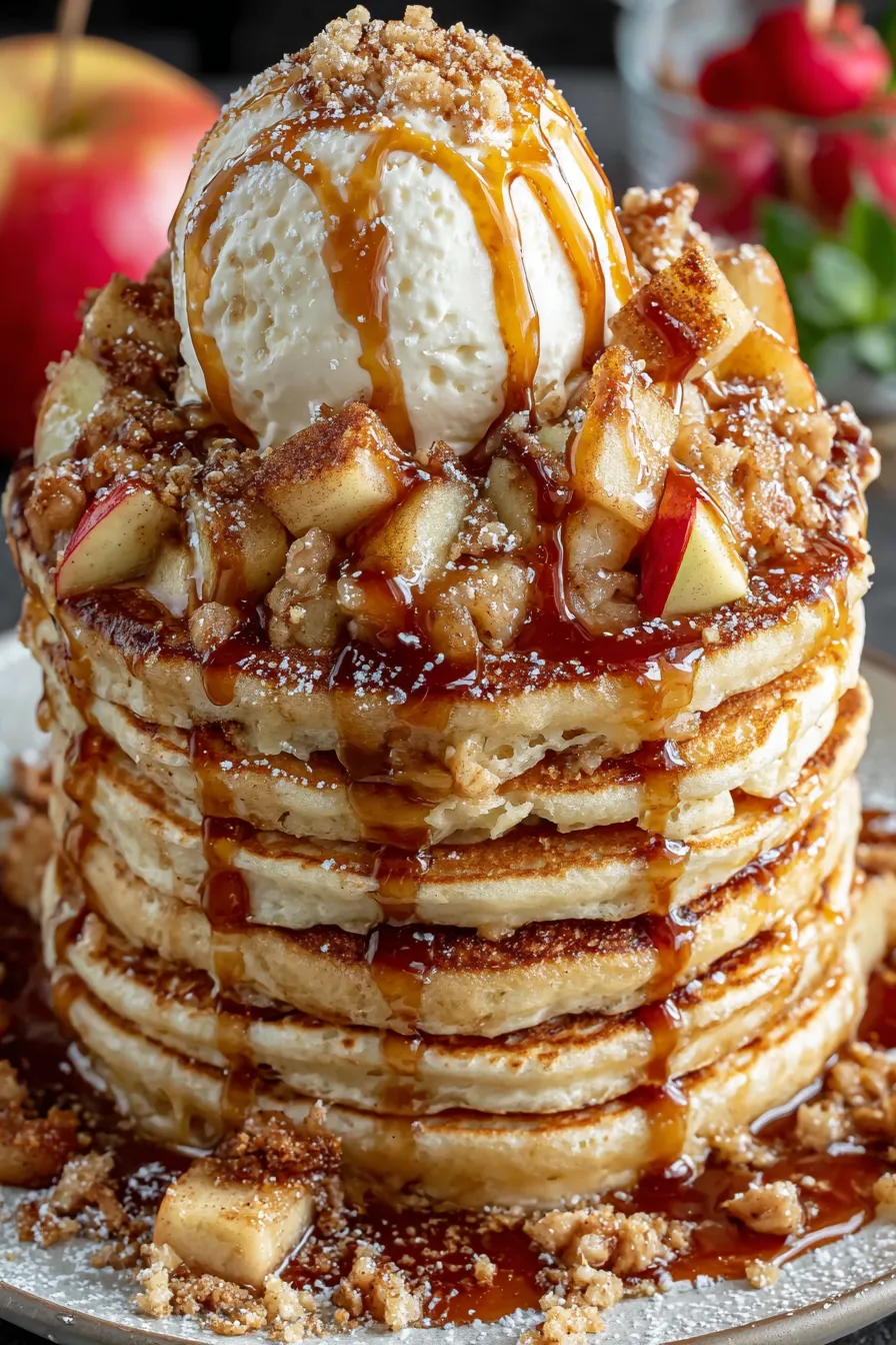 Stack of apple pie pancakes with syrup