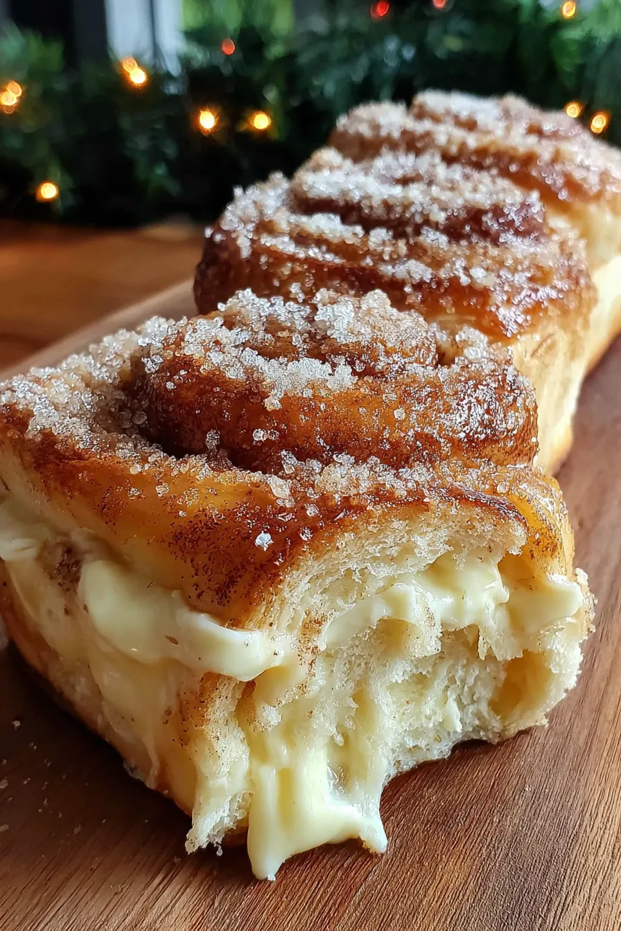 Freshly baked cream cheese cinnamon sugar rolls on a tray