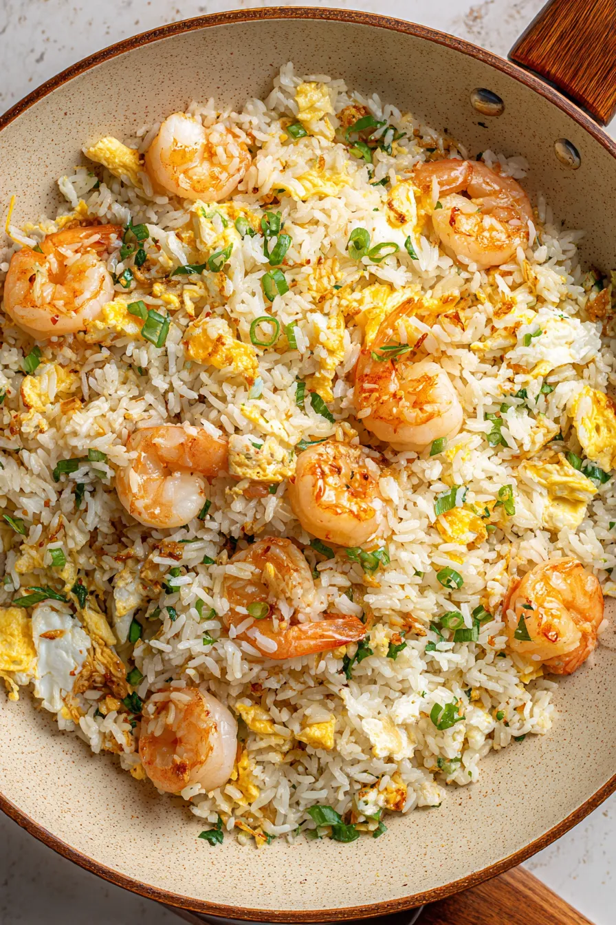 Served garlic butter shrimp fried rice with scallions