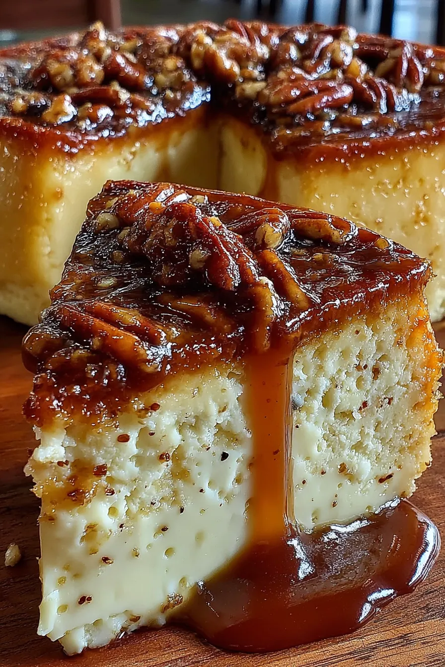 Layer cake with caramel glaze and pecans