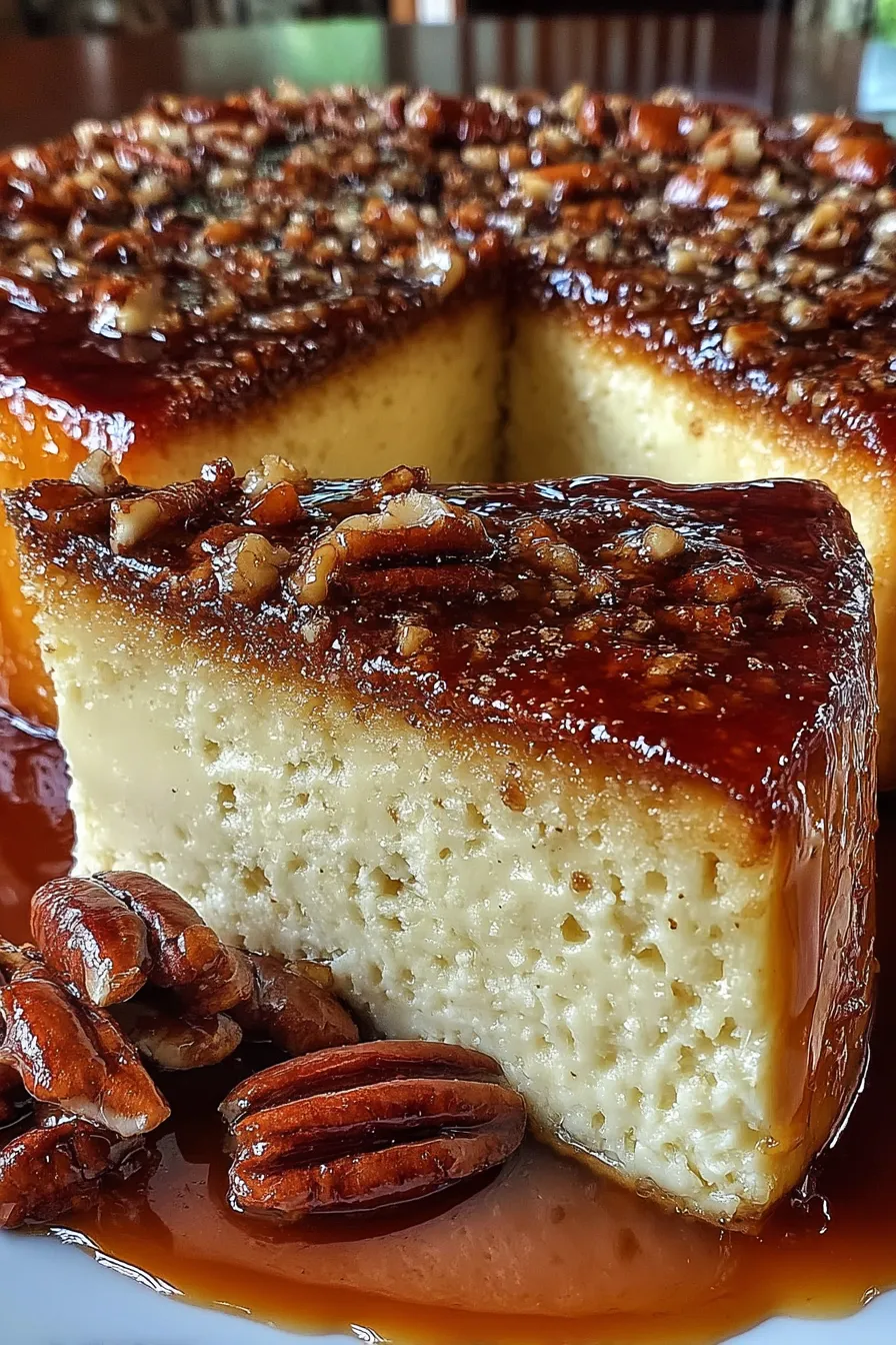 Close up of caramel drizzle and toasted pecans