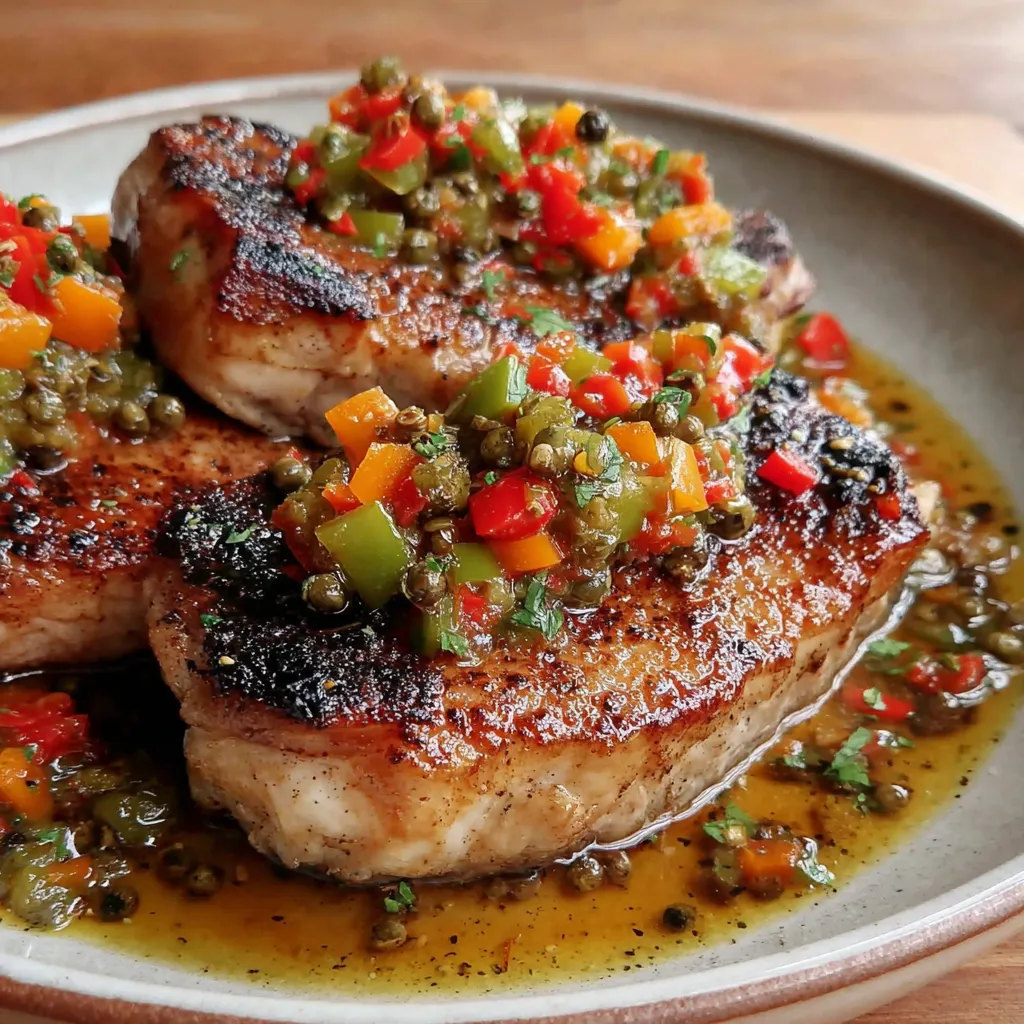 Peppercorn Pork Chops with Warm Pickled Pepper Relish