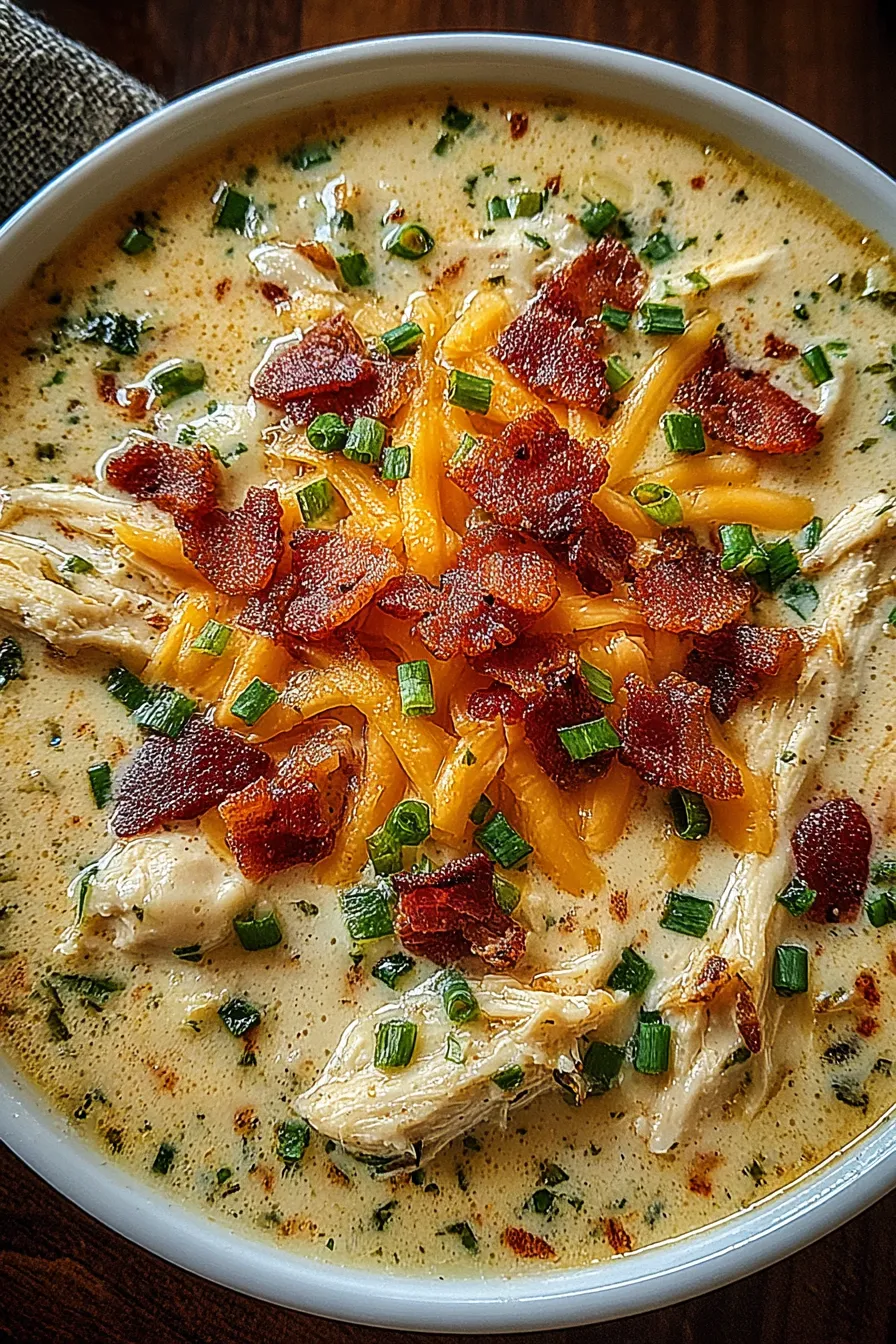 Creamy chicken bacon soup in bowl with garnish