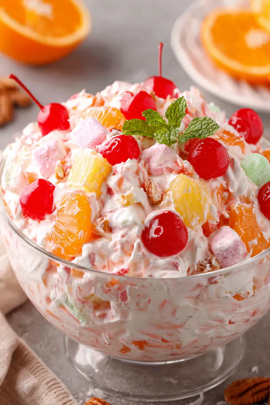 Ambrosia Salad in serving bowl with bright fruit pieces